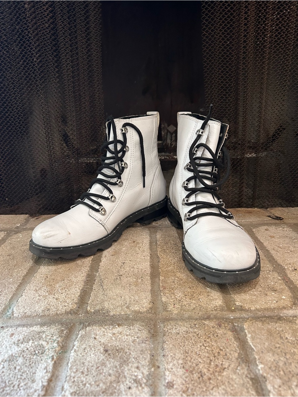 Sorel White Lace-Up Combat Boots with Black Soles